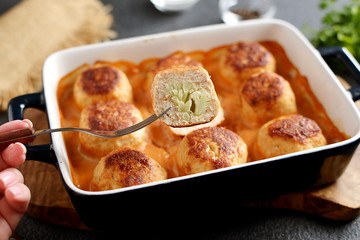 Chicken balls with cauliflower in a creamy sauce. Healthly food.