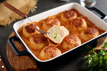 Chicken balls with cauliflower in a creamy sauce. Healthly food.