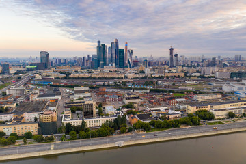 Fototapeta na wymiar panoramic view of the big river in the city at sunrise