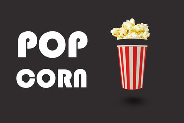 creative popcorn on grey  background, professional cinema cup flying : 3D visualization cinema concept with text : POP CORN  