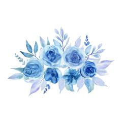 Watercolor illustration of blue flowers on a white background.