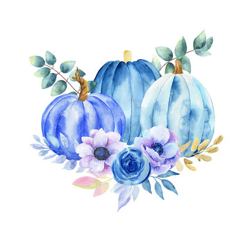 Watercolor illustration of a blue pumpkin and a bouquet of roses, leaves and branches.