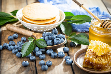 Blueberries with pancakes. Dessert breakfast. 