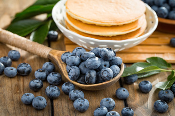 Blueberries with pancakes. Dessert breakfast. 