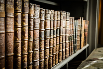 Old fashioned antique bookshelf and old leather books