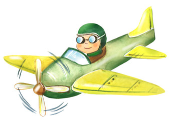 Watercolor illustration of cartoon pilot flying an airplane. Child's drawing, pilot, airplane.