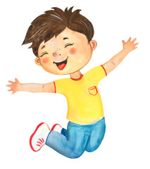 Watercolor illustration of a little cheerful jumping boy, drawing, cartoon, childish