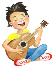 Watercolor illustration of a boy playing the guitar. The boy sits with a guitar and sings.