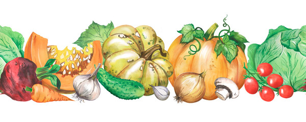 Watercolor pattern with vegetables, seamless repeating border, vegetarian pattern