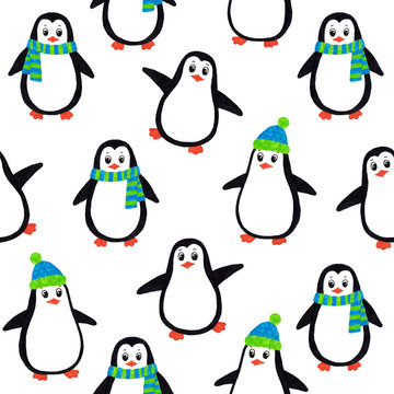 Christmas seamless pattern with cute cartoon penguins 