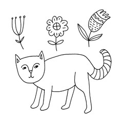 Hand-drawn sketches of cats and flowers in doodle style.