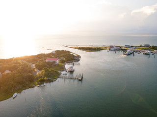 Aerial View of Village on Ocracoke Island, North Carolina at Golden Hour