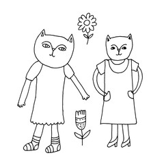 Hand-drawn sketches of cats and flowers in doodle style.