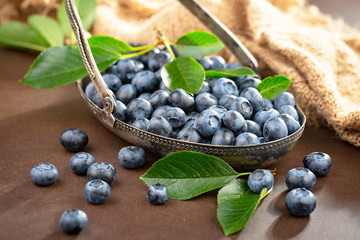 Ripe, fresh blueberries in a wooden bowl on an old background.