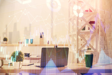 Double exposure of stock market graph drawing and office interior background. Concept of financial analysis.