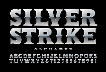 Silver Strike Western Vector Alphabet. This Font Suggests Old West Frontier Lettering with a Shiny Silver Finish. Cowboy, Rodeo, Whiskey Label, etc; Vintage Silver, Antique, or Circus Letters. - obrazy, fototapety, plakaty
