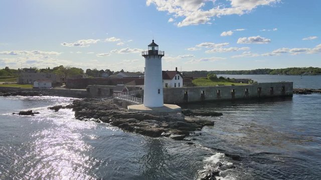 Lighthouse on the coast of New England (Aerial 4K drone video) Filmed in Portsmouth harbor New Hampshire