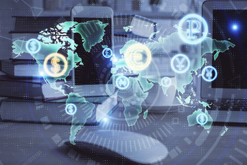 Double exposure of financial graph drawing and cell phone background. Concept of forex trading