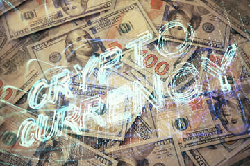 Multi exposure of crypto theme drawing over us dollars bill background. Concept of blockchain success.