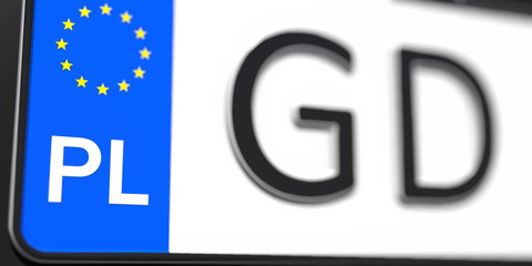Close-up details of a vehicle registration plate of Poland, part of the set. 3D rendering