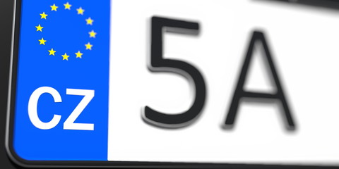 Close-up details of a vehicle registration plate of the Czech Republic, part of the set. 3D rendering