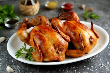 Grilled chicken with soy sauce, balsamic vinegar, olive oil, salt and pepper. Healthly food.