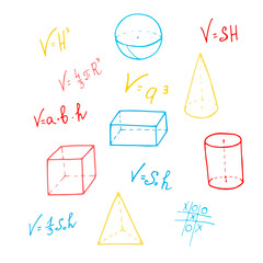Color Set of geometric shapes and formulas in doodle style on white background. Vector school symbols for children.