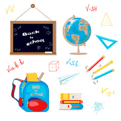 Set of School supplies. Blackboard, globe, school bag, triangular ruler, colored wooden pencils, Stack of books, origami paper airplane, geometric shapes and formulas in flat style isolated on white. 