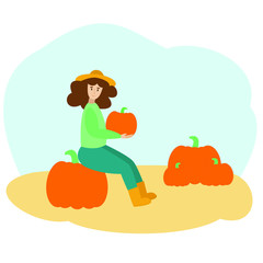 Woman sitting on big pumpkin and holding another one in hands. American autumn tradition of picking pumpkin at patch. Vector illustration on flat style.