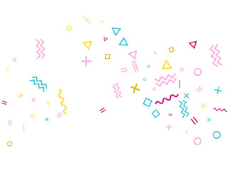 Memphis style geometric confetti background with triangle, circle, square, zigzag and wavy line