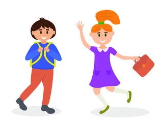 Happy schoolboy and schoolgirl meet and go to school. Smiling kids back to school. Vector cartoon illustration.