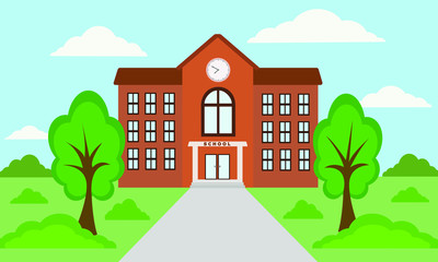 School building with colorful nature landscape. Vector illustration