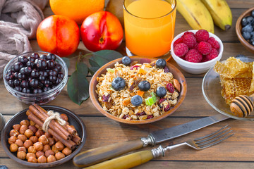 Healthy breakfast on an old background. The concept of tasty and healthy food.