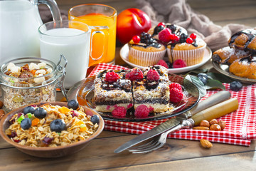 Healthy breakfast on an old background. The concept of tasty and healthy food.