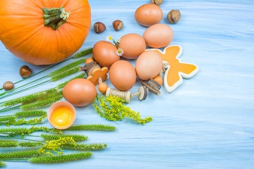 chicken egg on a wooden background, natural decor
