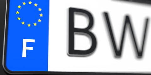 Close-up details of a vehicle registration plate of France, part of the set. 3D rendering