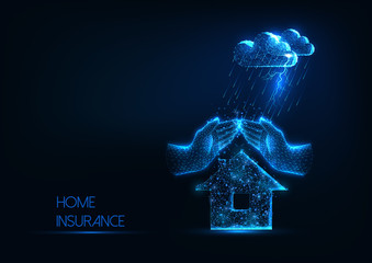 Futuristic home insurance concept with glowing low polygonal house, hands and storm clouds