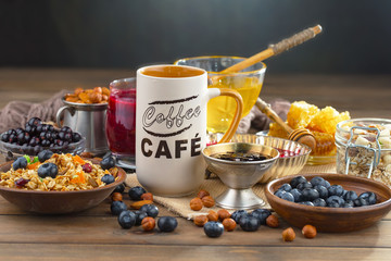 Healthy breakfast on an old background. The concept of tasty and healthy food.