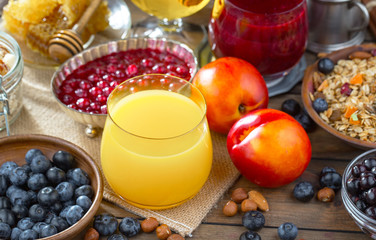 Healthy breakfast on an old background. The concept of tasty and healthy food.