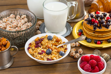 Healthy breakfast on an old background. The concept of tasty and healthy food.