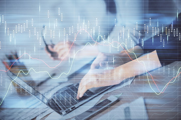 Multi exposure of woman hands typing on computer and financial chart hologram drawing. Stock market analysis concept.