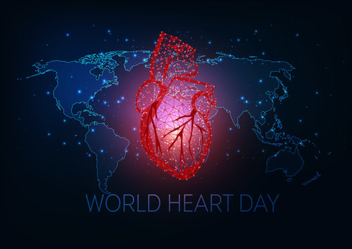 Futuristic World health day concept with glowing low polygonal anatomical heart and world map on dark blue