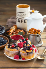 Healthy breakfast on an old background. The concept of tasty and healthy food.