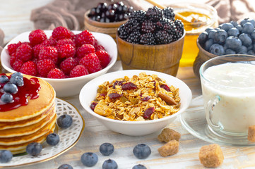 Healthy breakfast on an old background. The concept of tasty and healthy food.