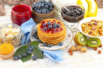 Healthy breakfast on an old background. The concept of tasty and healthy food.