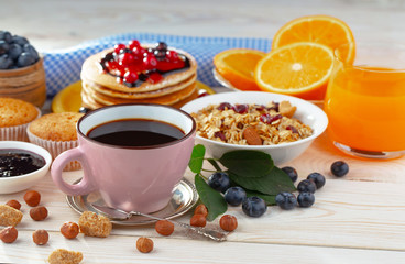 Healthy breakfast on an old background. The concept of tasty and healthy food.