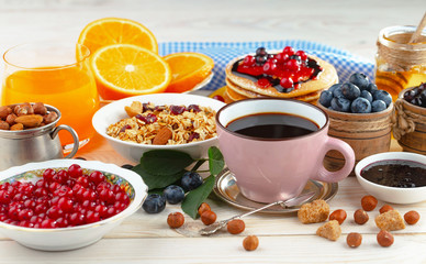 Healthy breakfast on an old background. The concept of tasty and healthy food.