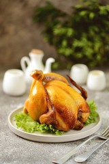 Grilled whole chicken on a gray background.