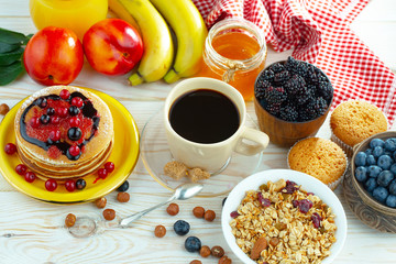 Healthy breakfast on an old background. The concept of tasty and healthy food.