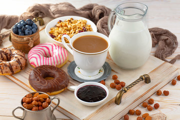 Healthy breakfast on an old background. The concept of tasty and healthy food.